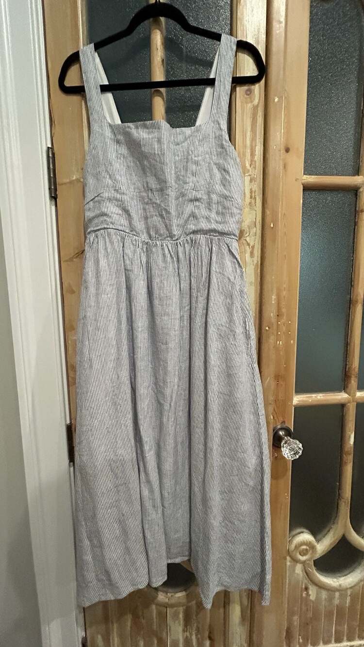 Quince Women's Blue Striped Linen Midi Dress